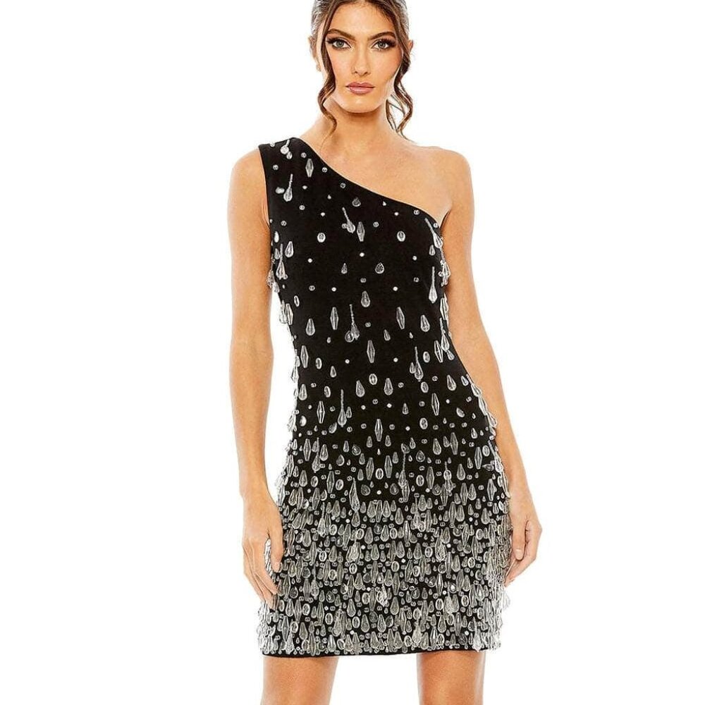 Mac Duggal 10973 Black One-Shoulder Crystal Beaded Cocktail Dress